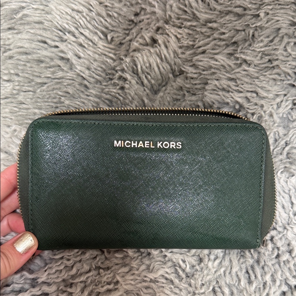 Michael Kors Dark Green Saffiano Zip Wallet with Gold Hardware